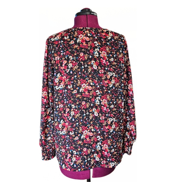 Anthropologie Pleione Black Mauve Ditsy Floral Cutout Long Sleeve Blouse - Picture 5 of 13
